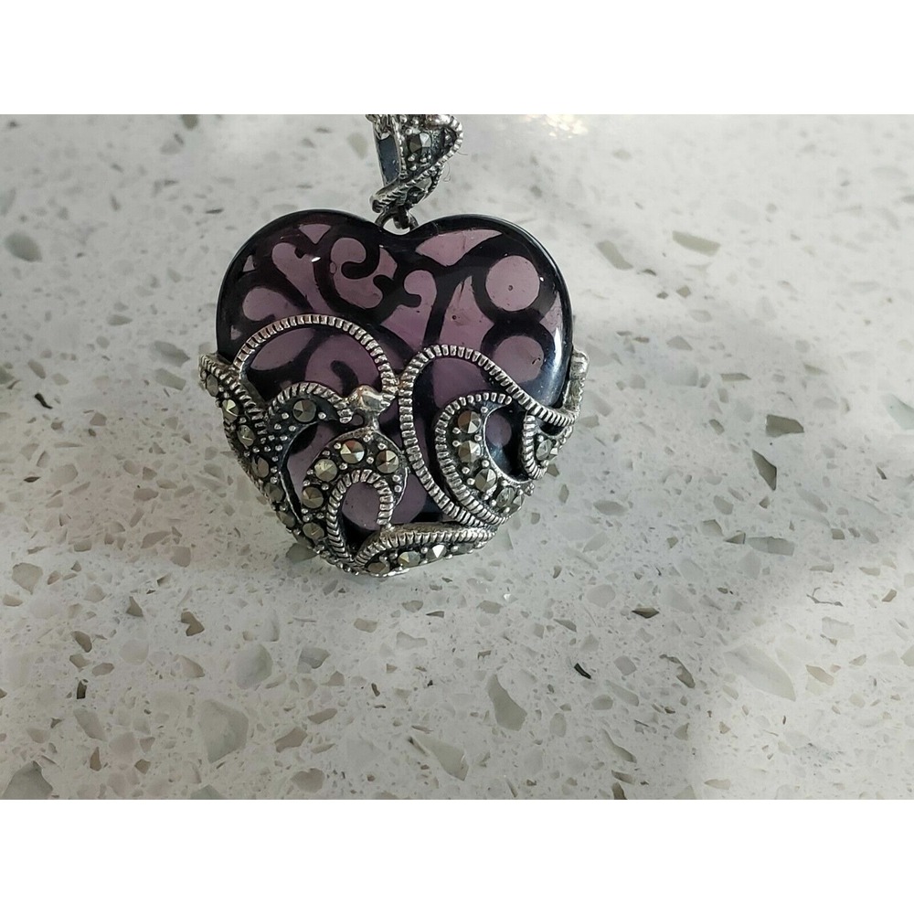 Beautiful Sterling Silver  Marcasite Amethyst Heart Pendant Necklace 925